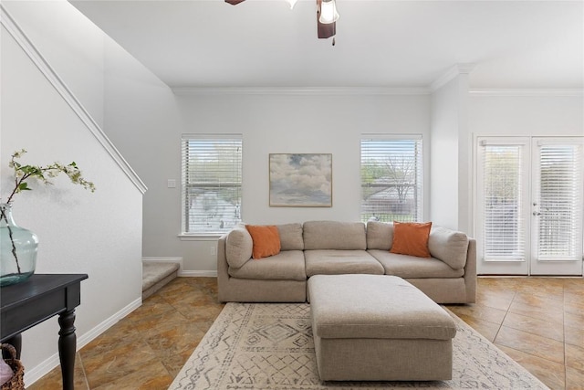 11237 Lost Maples Trl, Austin, TX 78748 - tiled living area featuring a ceiling fan, crown molding, and baseboards