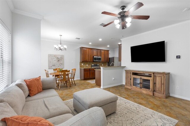 11237 Lost Maples Trl, Austin, TX 78748 - living room with crown molding, a chandelier, baseboards, a ceiling fan, and recessed lighting