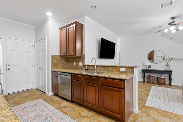 11237 Lost Maples Trl, Austin, TX 78748 - kitchen featuring dishwasher, a sink, ceiling fan, a peninsula, and ornamental molding