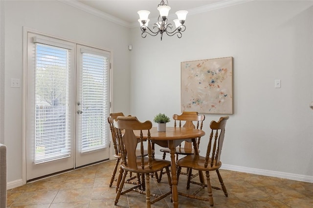 11237 Lost Maples Trl, Austin, TX 78748 - dining room with crown molding, a chandelier, french doors, and baseboards