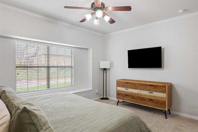 11237 Lost Maples Trl, Austin, TX 78748 - bedroom featuring carpet, ornamental molding, baseboards, and a ceiling fan