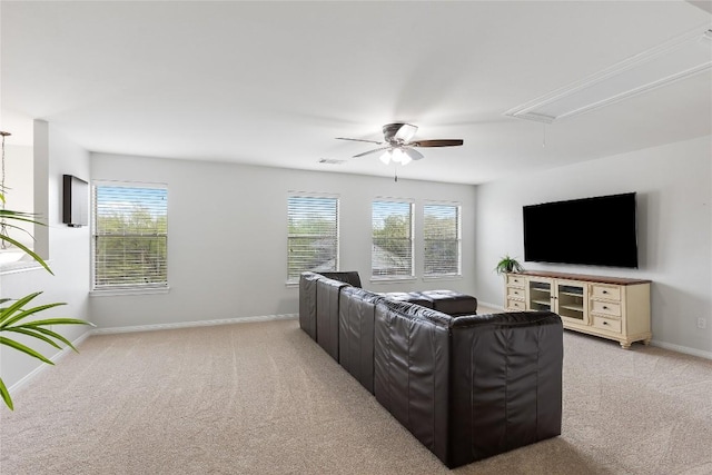 11237 Lost Maples Trl, Austin, TX 78748 - living area with attic access, light colored carpet, ceiling fan, and baseboards