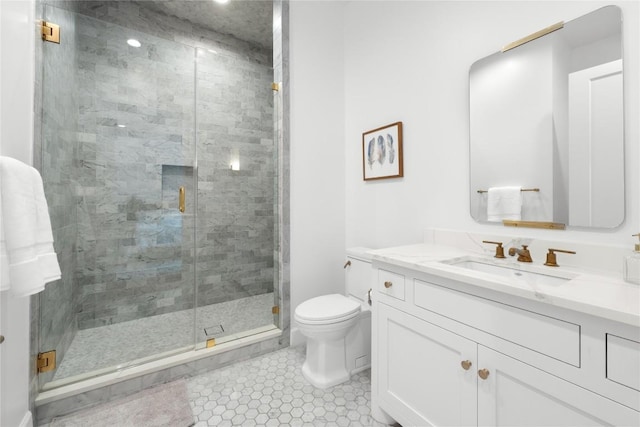 4901 Southcrest Dr, Austin, TX 78746 - full bath featuring vanity, toilet, a stall shower, and tile patterned flooring