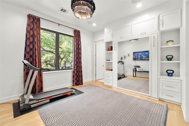 4901 Southcrest Dr, Austin, TX 78746 - exercise area with light wood-type flooring, baseboards, and recessed lighting