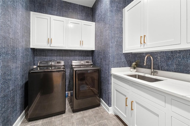 4901 Southcrest Dr, Austin, TX 78746 - washroom with cabinet space, washing machine and dryer, baseboards, and tile patterned flooring