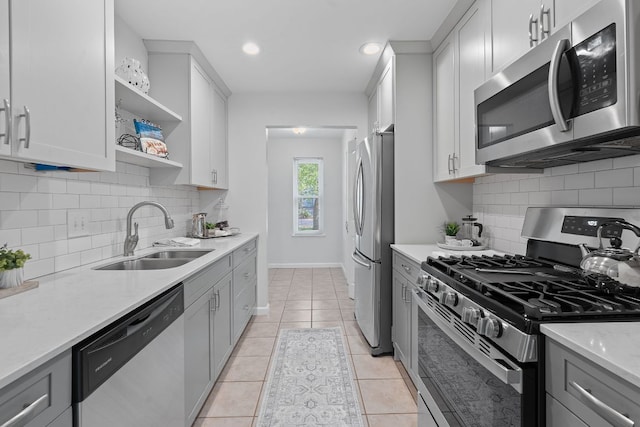 2804 Bushnell Dr, Austin, TX 78745 - kitchen with stainless steel appliances, a sink, open shelves, gray cabinets, and recessed lighting