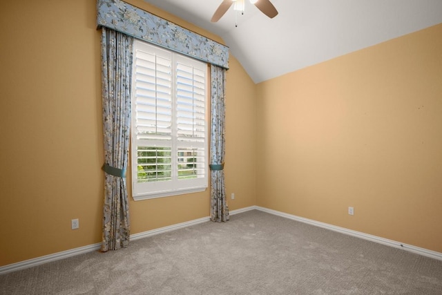 136 Medina Hills Ct, Austin, TX 78737 - carpeted empty room featuring a ceiling fan, lofted ceiling, and baseboards