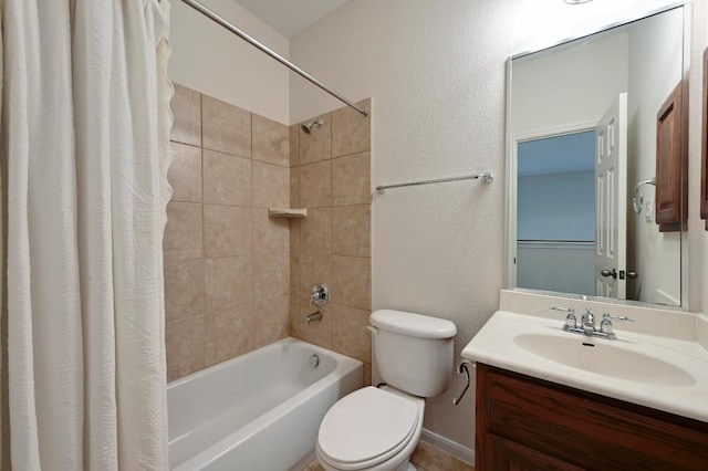 12304 Buvana Dr, Austin, TX 78739 - bathroom featuring shower / tub combo with curtain, toilet, vanity, and a textured wall