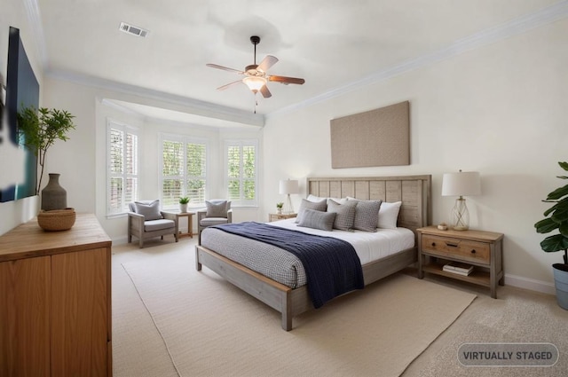 12304 Buvana Dr, Austin, TX 78739 - bedroom with baseboards, crown molding, light colored carpet, and ceiling fan