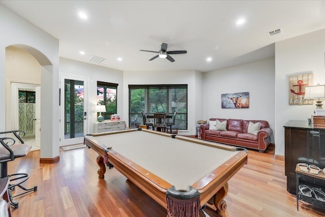 921 Electra, Lakeway, TX 78734 - rec room with arched walkways, a ceiling fan, light wood-style floors, recessed lighting, and billiards