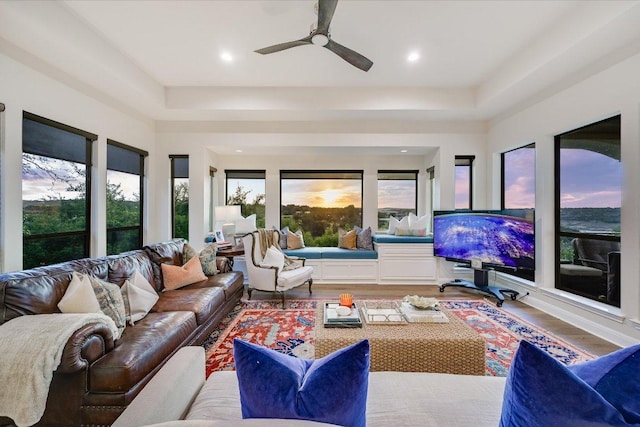 921 Electra, Lakeway, TX 78734 - living area featuring a raised ceiling, wood finished floors, recessed lighting, and ceiling fan