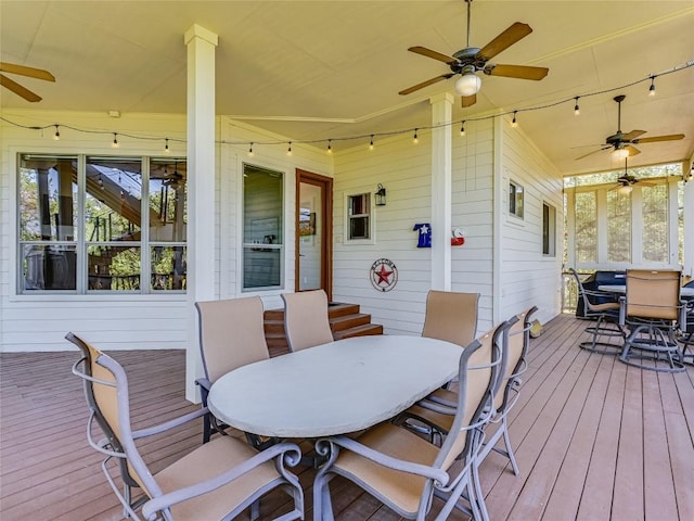 921 Electra, Lakeway, TX 78734 - wooden deck with outdoor dining space and ceiling fan
