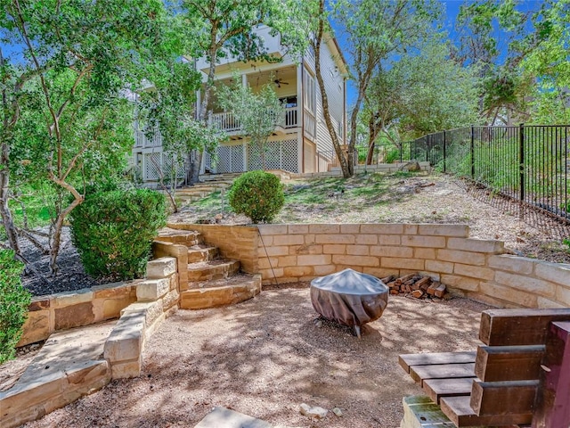 921 Electra, Lakeway, TX 78734 - view of patio / terrace featuring a fire pit, a ceiling fan, and stairway
