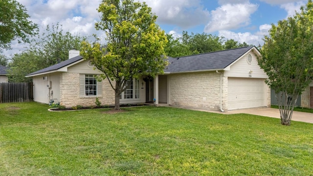 215 Crystal Knoll Blvd, Georgetown, TX 78626 - ranch-style house featuring stone siding, a garage, driveway, roof with shingles, and a chimney