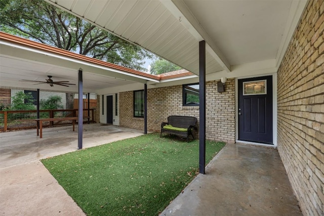 1506 Northridge Dr, Austin, TX 78723 - doorway to property featuring brick siding, ceiling fan, and a patio