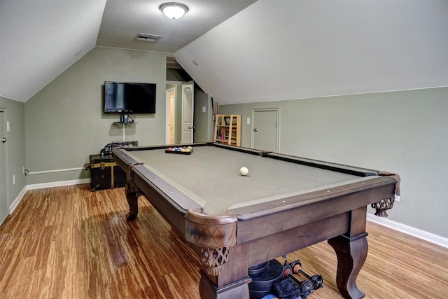 233 Maple Leaf Trl, Elgin, TX 78621 - recreation room featuring baseboards, wood finished floors, lofted ceiling, and billiards table