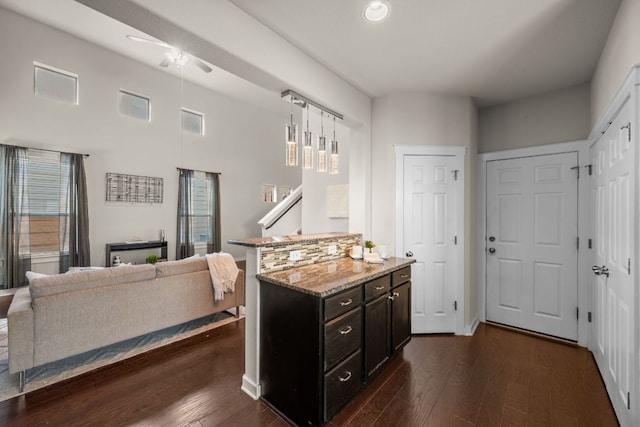 2101 Rivers Edge Way Unit 9, Austin, TX 78741 - kitchen with ceiling fan, dark wood-style floors, light stone counters, decorative light fixtures, and open floor plan