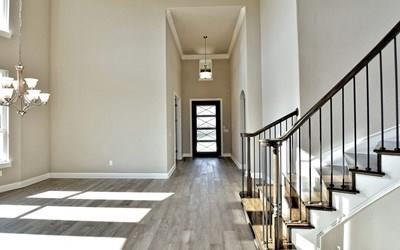 4720 Napoli Shore Dr, Leander, TX 78641 - entrance foyer featuring a towering ceiling, plenty of natural light, wood finished floors, baseboards, and crown molding