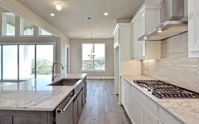 4720 Napoli Shore Dr, Leander, TX 78641 - kitchen with wall chimney exhaust hood, stainless steel appliances, a sink, backsplash, and a kitchen island with sink