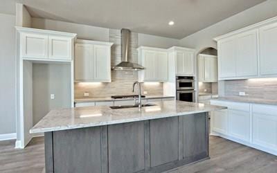 4720 Napoli Shore Dr, Leander, TX 78641 - kitchen featuring wall chimney exhaust hood, stainless steel double oven, a sink, white cabinets, and light wood-type flooring