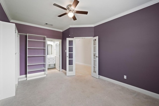 7109 Bargello Pl, Round Rock, TX 78665 - unfurnished bedroom featuring french doors, crown molding, carpet floors, baseboards, and a ceiling fan