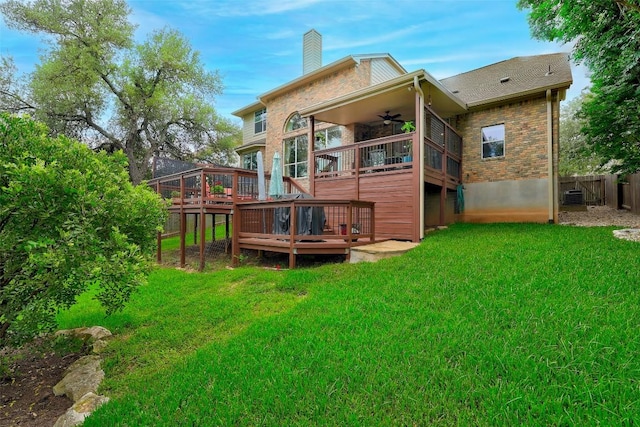 10129 Brimfield Dr, Austin, TX 78726 - back of property with ceiling fan, a deck, a chimney, and brick siding