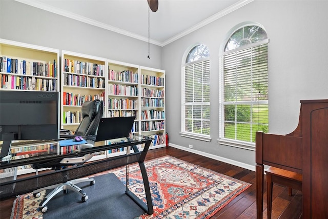 10129 Brimfield Dr, Austin, TX 78726 - office space with hardwood / wood-style floors, ornamental molding, baseboards, and a ceiling fan