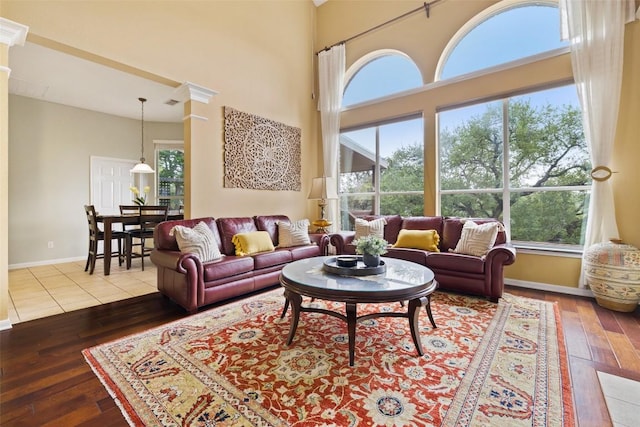 10129 Brimfield Dr, Austin, TX 78726 - living area with wood-type flooring, baseboards, and a towering ceiling