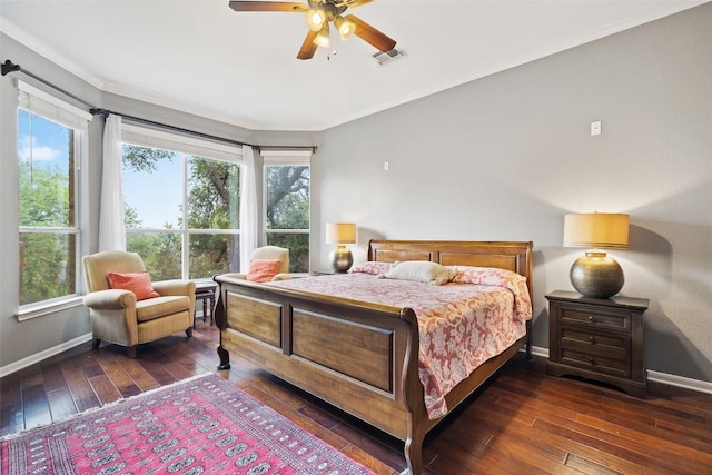 10129 Brimfield Dr, Austin, TX 78726 - bedroom with baseboards, hardwood / wood-style flooring, ornamental molding, and ceiling fan