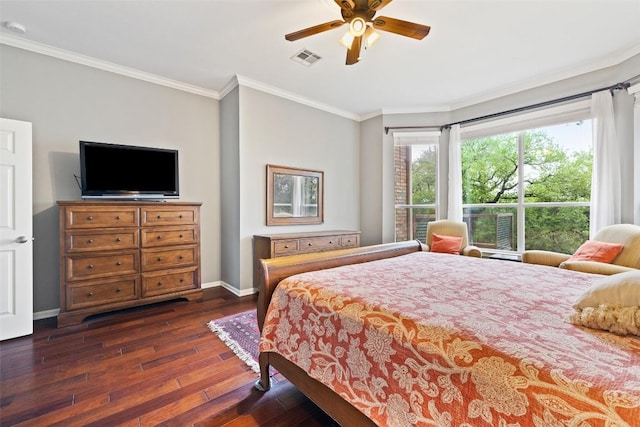 10129 Brimfield Dr, Austin, TX 78726 - bedroom with dark wood finished floors, ornamental molding, baseboards, and a ceiling fan