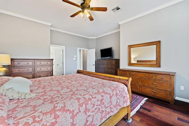 10129 Brimfield Dr, Austin, TX 78726 - bedroom with dark wood-type flooring, ornamental molding, baseboards, and a ceiling fan