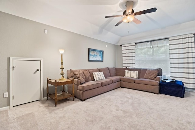 10129 Brimfield Dr, Austin, TX 78726 - living area featuring a ceiling fan, light carpet, lofted ceiling, and baseboards