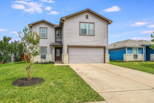 510 W Metcalfe St, Hutto, TX 78634 - traditional-style house featuring a garage, stone siding, a front yard, and concrete driveway
