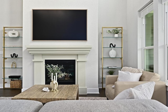 467 Cortaro Dr, Dripping Springs, TX 78620 - living room with wood finished floors, a fireplace, and baseboards