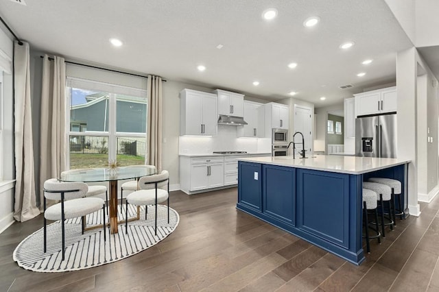 467 Cortaro Dr, Dripping Springs, TX 78620 - kitchen with stainless steel appliances, under cabinet range hood, dark wood finished floors, recessed lighting, and light countertops