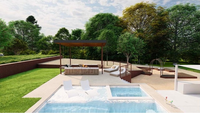 467 Cortaro Dr, Dripping Springs, TX 78620 - view of pool with a lawn, a patio, and an outdoor living space with a fire pit