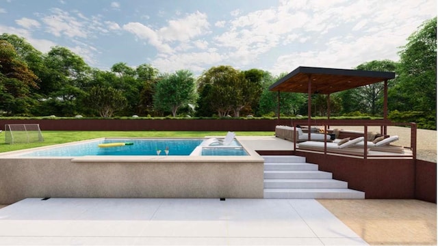 467 Cortaro Dr, Dripping Springs, TX 78620 - view of swimming pool featuring an outdoor living space, a patio, and view of wooded area