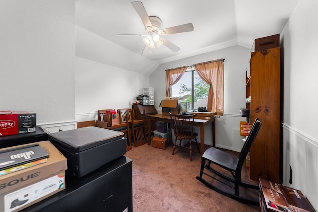 6807 Bill Hughes Rd, Austin, TX 78745 - office space with vaulted ceiling, ceiling fan, and carpet flooring