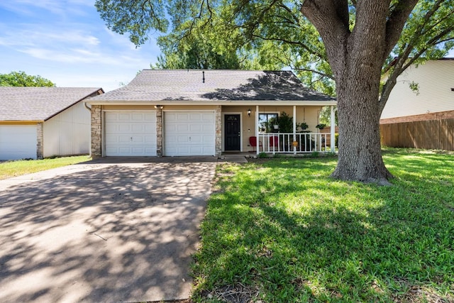 6807 Bill Hughes Rd, Austin, TX 78745 - view of front facade featuring a garage, concrete driveway, a shingled roof, stone siding, and a porch
