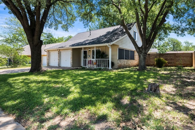 6807 Bill Hughes Rd, Austin, TX 78745 - ranch-style house featuring an attached garage, concrete driveway, covered porch, and a shingled roof