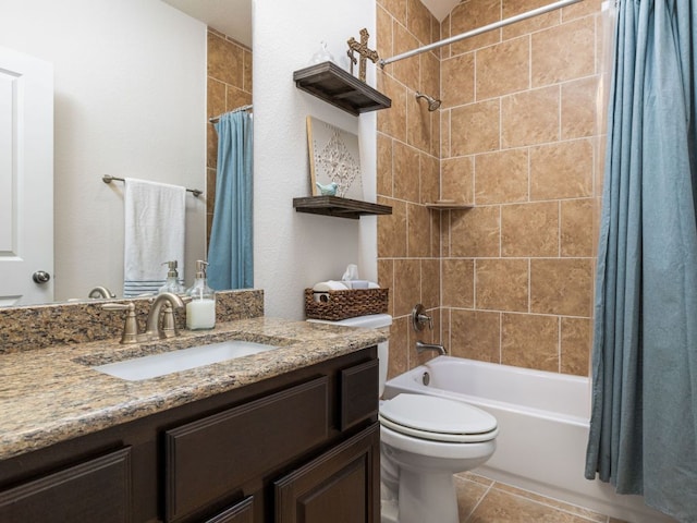 108 Brantley Lake Ln, Georgetown, TX 78628 - full bathroom with toilet, vanity, shower / tub combo with curtain, and tile patterned floors