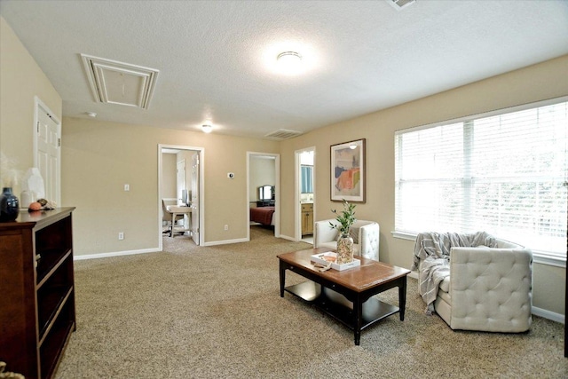 2012 Wood Glen Dr, Round Rock, TX 78681 - living area featuring attic access, healthy amount of natural light, carpet floors, baseboards, and a textured ceiling