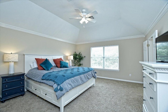 2012 Wood Glen Dr, Round Rock, TX 78681 - carpeted bedroom featuring crown molding, lofted ceiling, baseboards, and ceiling fan