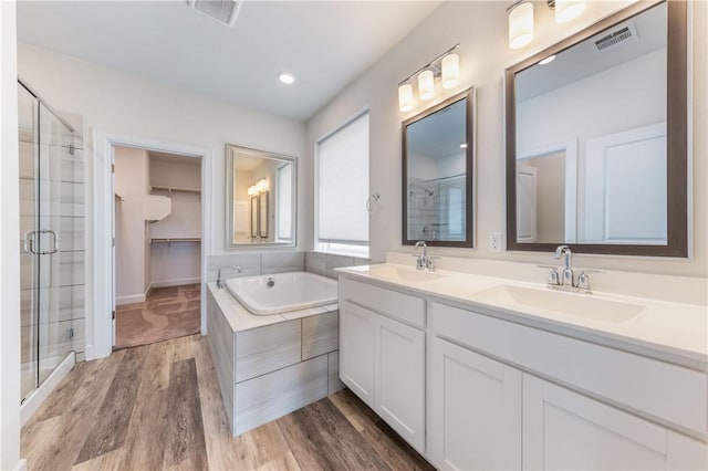 748 Hazy Hills Loop, Dripping Springs, TX 78620 - full bath with a stall shower, double vanity, a bath, wood finished floors, and a spacious closet