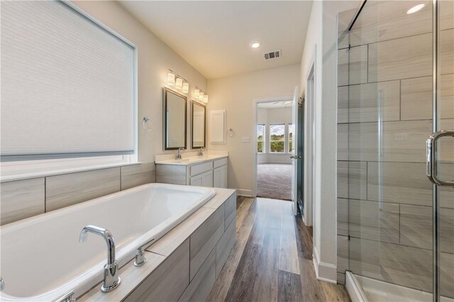 748 Hazy Hills Loop, Dripping Springs, TX 78620 - full bath featuring double vanity, a stall shower, a garden tub, wood finished floors, and baseboards