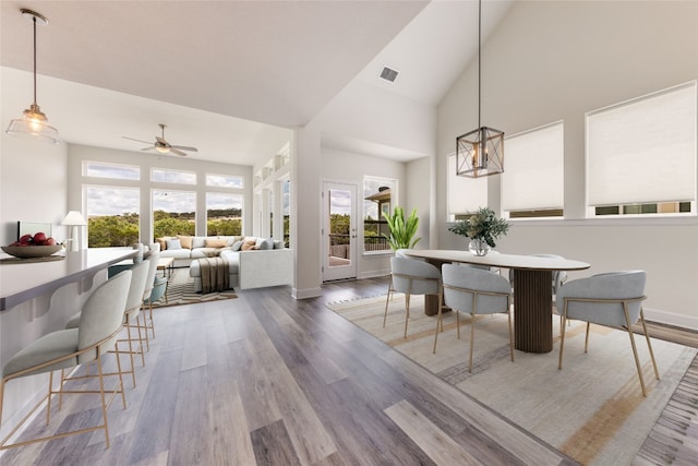 748 Hazy Hills Loop, Dripping Springs, TX 78620 - dining room featuring plenty of natural light, a ceiling fan, wood finished floors, and high vaulted ceiling