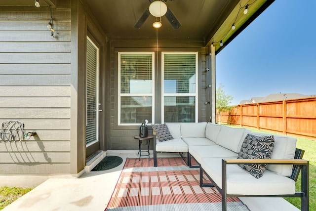 111 Blackwell Ln, Kyle, TX 78640 - view of patio / terrace featuring an outdoor living space and ceiling fan