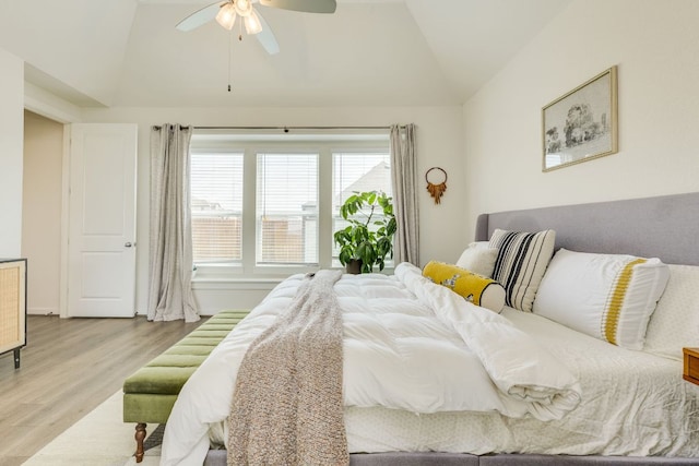 111 Blackwell Ln, Kyle, TX 78640 - bedroom featuring lofted ceiling, wood finished floors, and ceiling fan