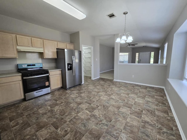 13820 Ceylon Tea Cir, Pflugerville, TX 78660 - kitchen with stainless steel appliances, a chandelier, light brown cabinets, under cabinet range hood, and vaulted ceiling