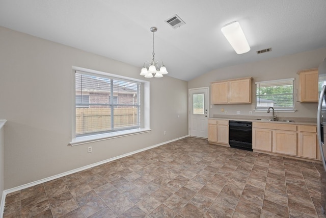13820 Ceylon Tea Cir, Pflugerville, TX 78660 - kitchen with light brown cabinets, black dishwasher, light countertops, a chandelier, and vaulted ceiling